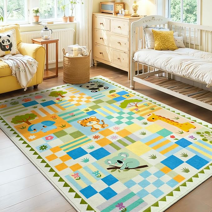 4x6 Washable Kid Playroom Rug, Unisex Green Safari Jungle Woodland Animal - Image 9