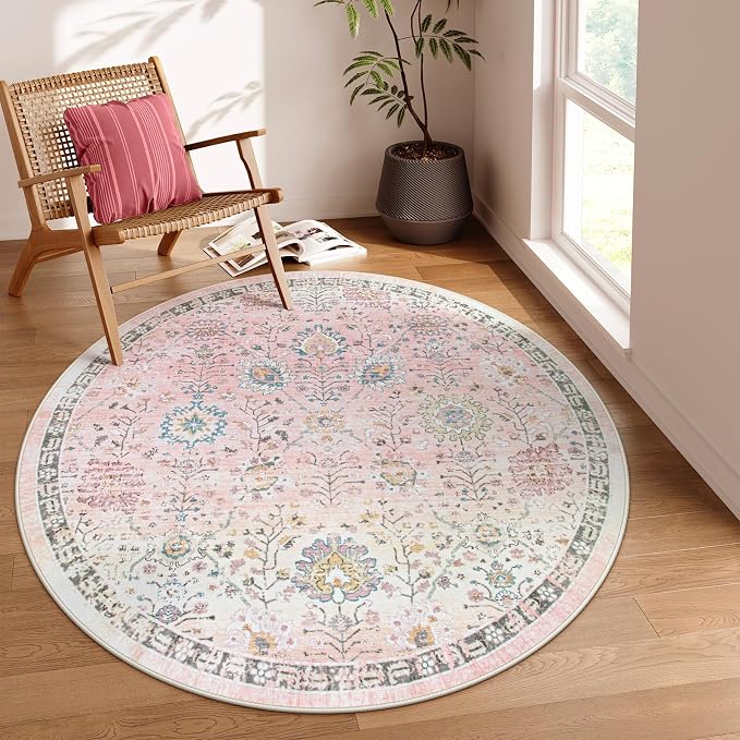Lahome Girls Bedroom Pink Round Rug 6ft, Soft Washable Floral Circle Rug - Image 8