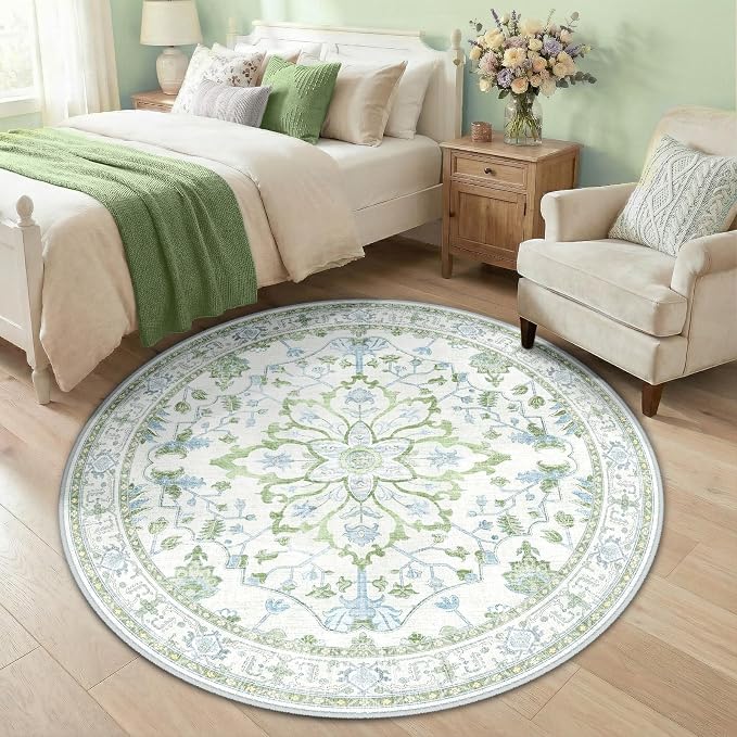 RELEANY Area Rugs Round 5ft Washable Non-Slip, Floral Vintage Distress by RELEANY