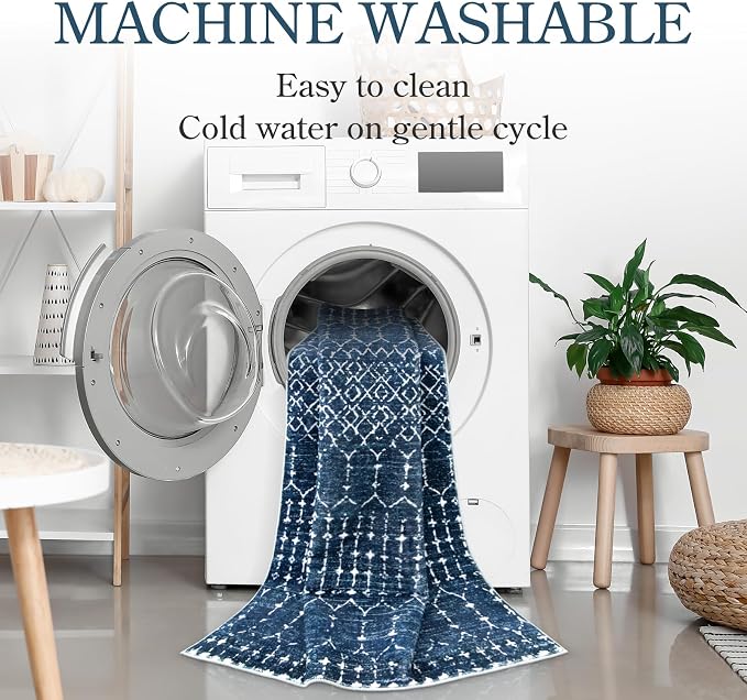 Lahome Moroccan Blue Area Rug 5x7 Machine Washable Non-Slip Throw Living Room - Image 4