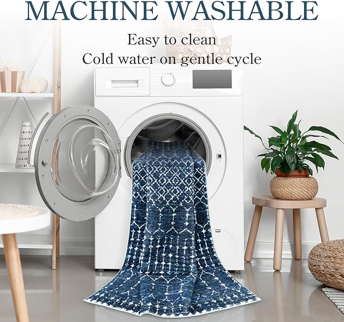 Lahome Moroccan 2x5 Washable Blue Runner Rug, Non-Slip Low-Pile Stain Resistant - Image 4