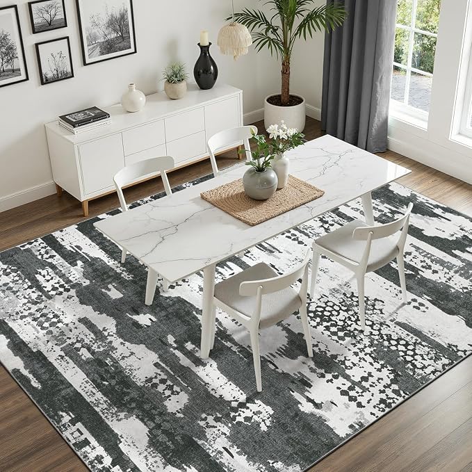 DCX Abstract Area Rug 9x12, Washable Black Modern Rug - Image 4