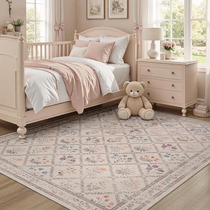DCX Washable 8x10 Rose Biege Floral Rug - Image 3