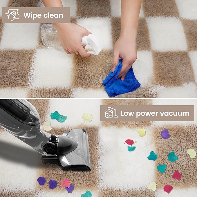 Super Soft Rug for Bedroom, 8x10 Ft Beige and White Area Rug Classic Checkered - Image 3