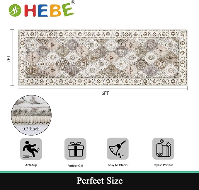HEBE Hallway Runner Rug 2'x6' Washable Vintage Distressed Area Rugs Non Slip - Image 2