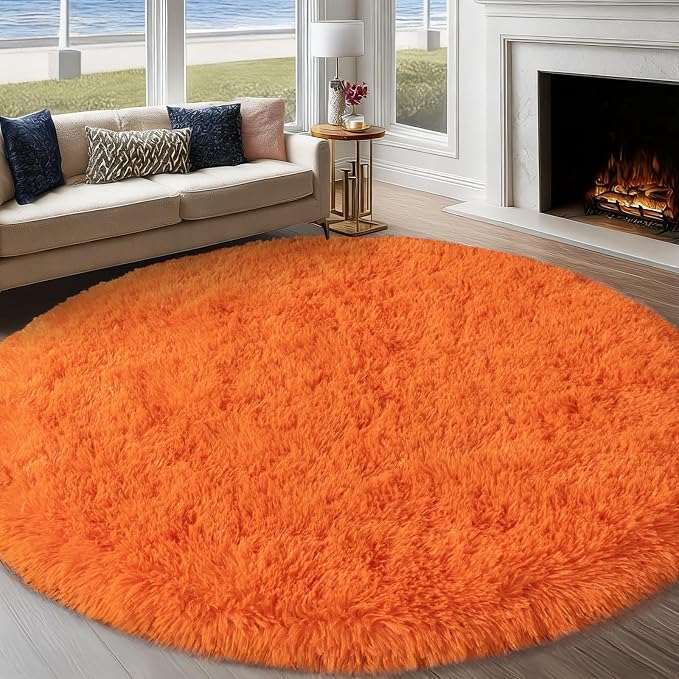 Round Orange Rug for Bedroom, 8 ft Circle Area Rugs for Living Room, Soft Large by WISHTREE