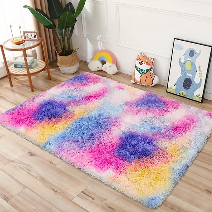 Rainbow Area Rugs 3x5 ft, Tie-Dyed Unicorn Fluffy Fuzzy Shaggy Carpet Soft - Image 7