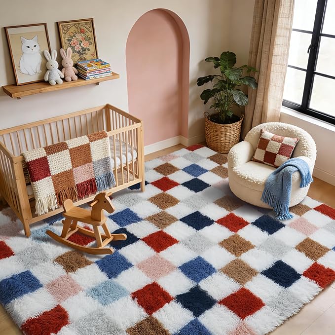 Shag Area Rug for Bedroom Living Room, 4x6 Fluffy Soft Colorful Checkered Rug - Image 4