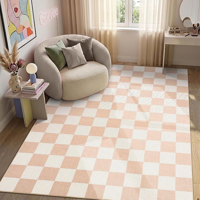 GarveeHome Checkered Blush Beige Neutral Nursery Kids Playroom 5x7 Washable Rug - Image 3