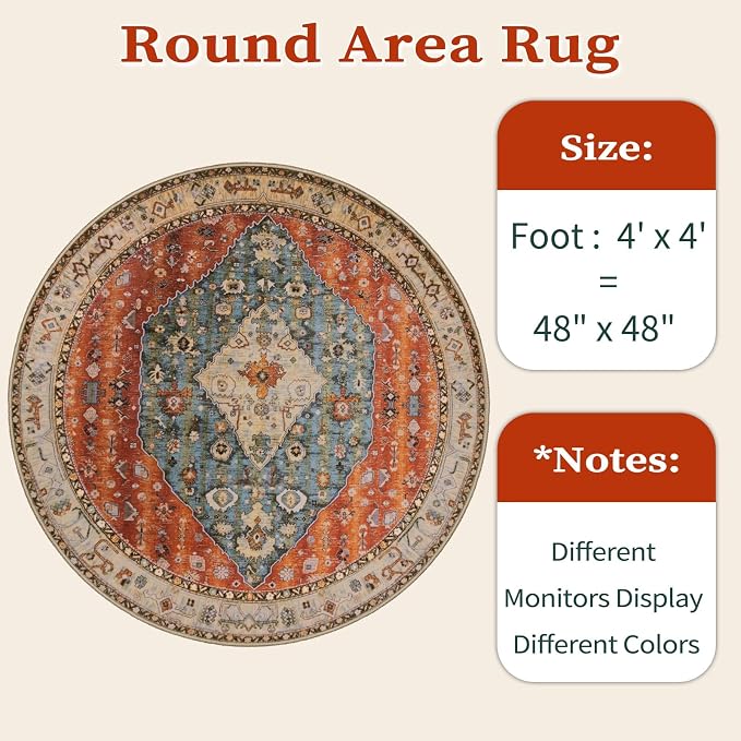 SERISSA Boho Round Area Rug, 4ft Washable Non-Slip Circle Rug, Ultra Soft - Image 6