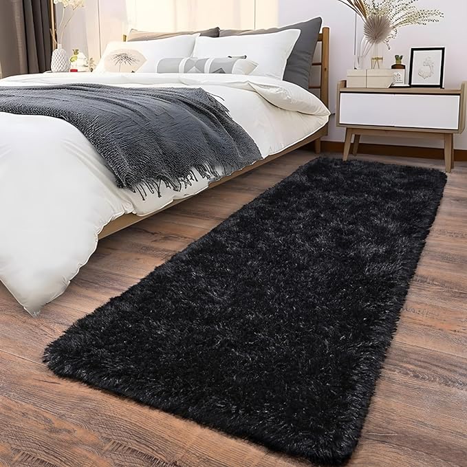 Soft Runner Rugs for Bedroom Hallways, 2x6 Black Fluffy Shag Throw Area Rug Non by Ailyei