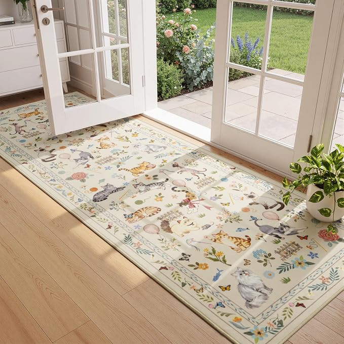 Unirea 2x6 Beige Cat Runner Rug, Washable Non Slip Botanical Rug - Image 7