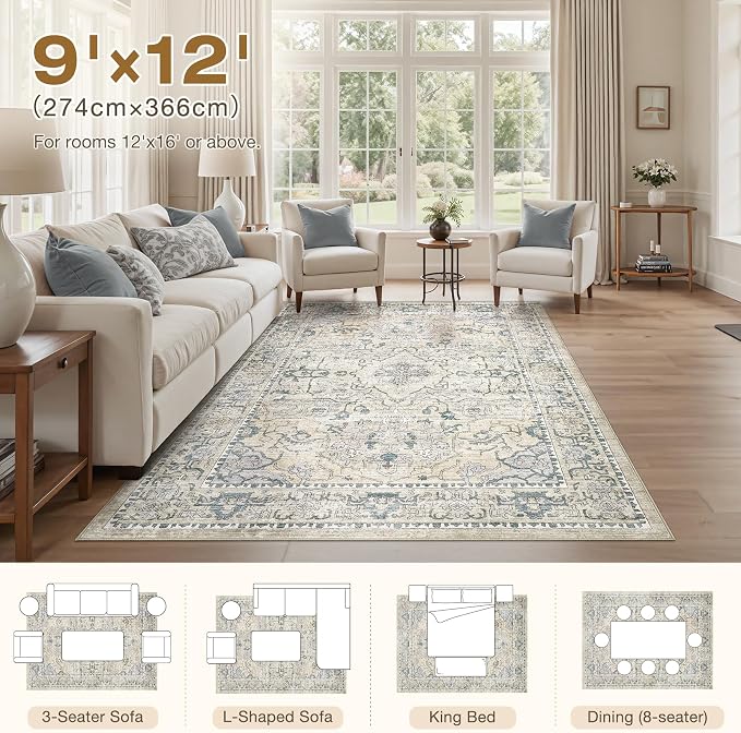 cotiled 9x12 Area Rug Machine Washable Vintage Carpet - Image 7