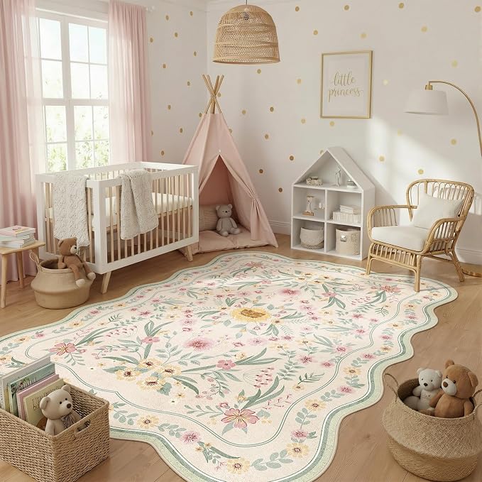 Scalloped Floral Rug 6x9, Sage Green Washable Non Slip Area Rug - Image 7