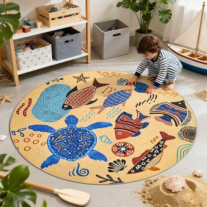 jinchan 4ft Coastal Round Rug Kids Washable Fun Rug Colorful Ocean Fish Small by JINCHAN