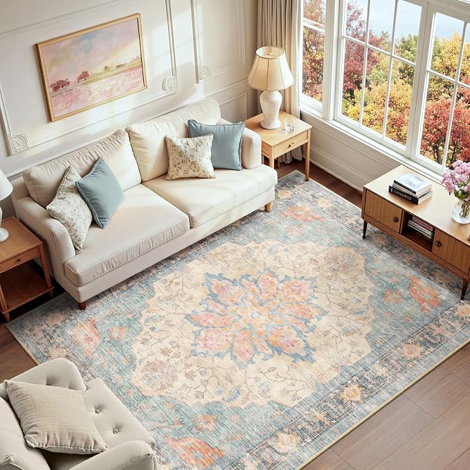RELEANY Area Rugs 6'x9' Washable Non-Slip, Floral Vintage Distress Medallion by RELEANY