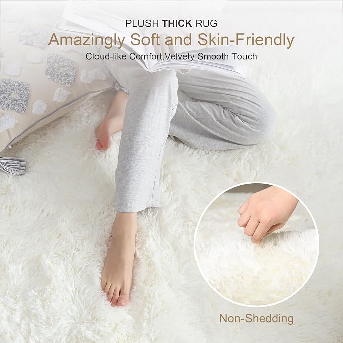 KICHOWUA Thick Area Rug 4x6 Cream White Fluffy Shag - Image 2