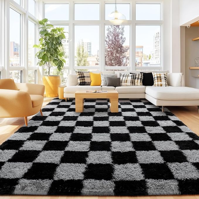 Checkered 8x10 Area Rugs for Living Room, Ultra Soft Fluffy Large Shaggy Rug by Awaytail