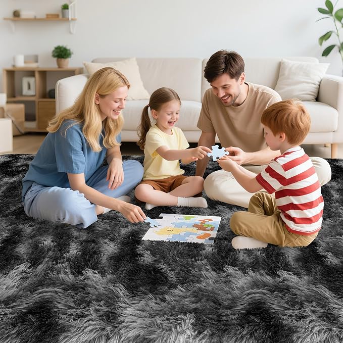 Soft Fluffy Plush Area Rug for Bedroom Living Room, 5x8 Tie-Dyed Grey and Black - Image 4
