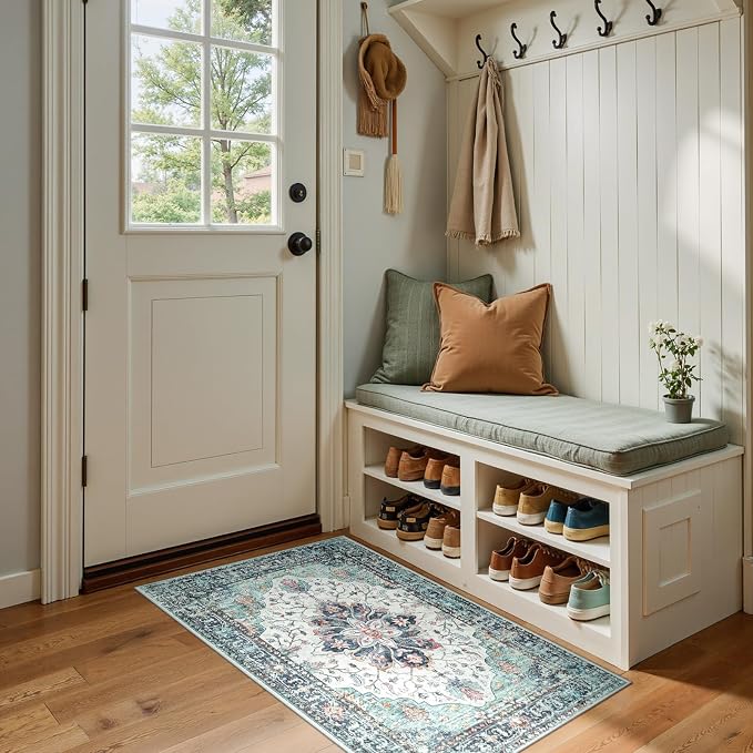 RELEANY Area Rugs Small 2'x4' Washable Non-Slip, Floral Vintage Distress by RELEANY