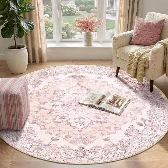 RELEANY Area Rugs Round 4ft Washable Non-Slip, Floral Vintage Distress - Image 2