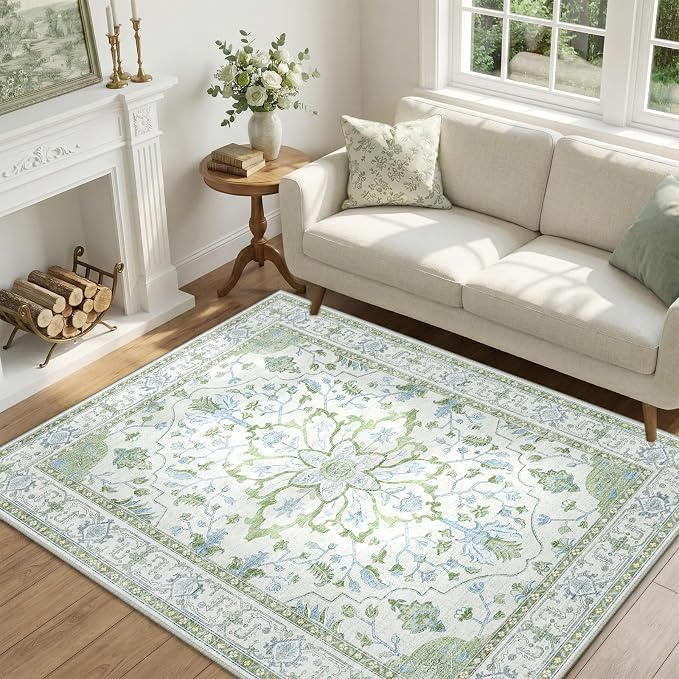 RELEANY Area Rugs 4'x6' Washable Non-Slip, Floral Vintage Distress Medallion by RELEANY