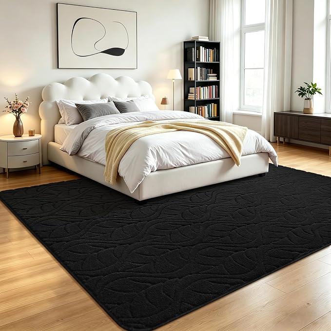 5x7 Black Washable Area Rug for Bedroom Living Room, Leaf Geometric Patter Shag - Image 2