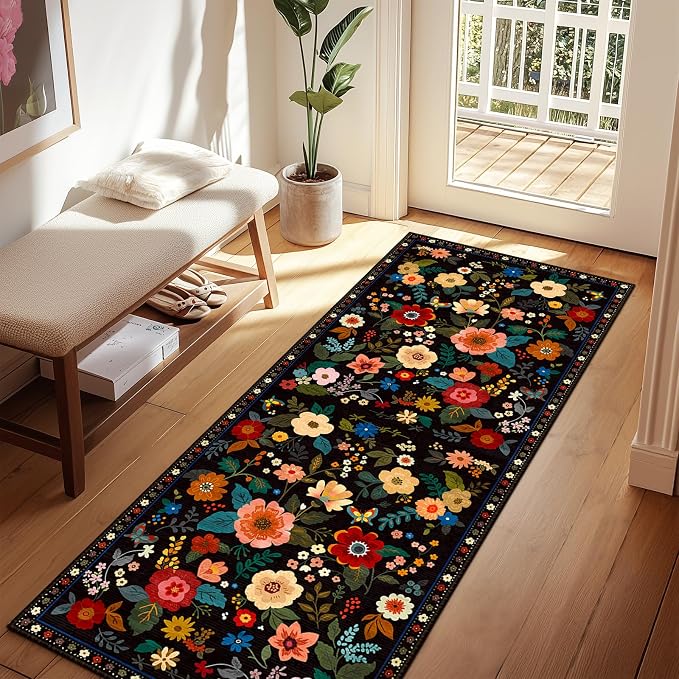 RELEANY Floral 2x8 Area Rugs Washable Print Boho Cute Carpet Non Slip Flower by RELEANY