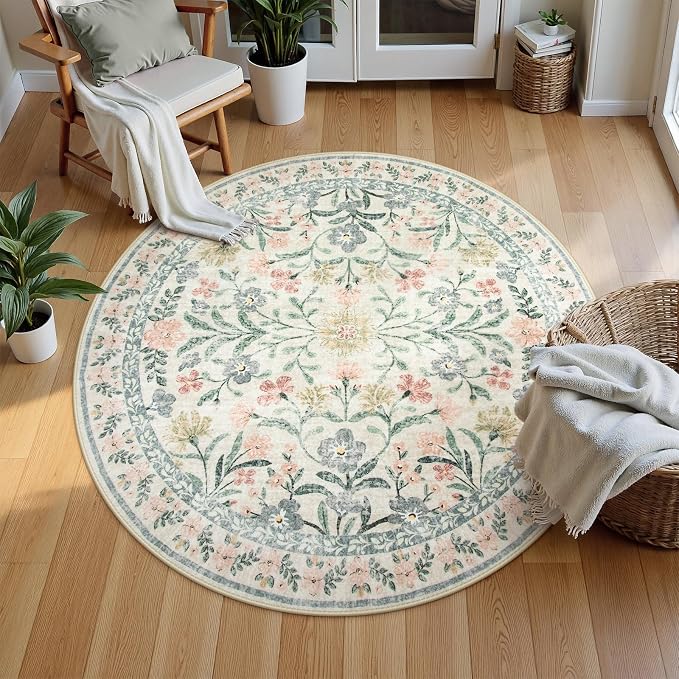 Wonnitar Floral Round Rugs 6ft, Boho Large Machine Washable Circle Rug - Image 7