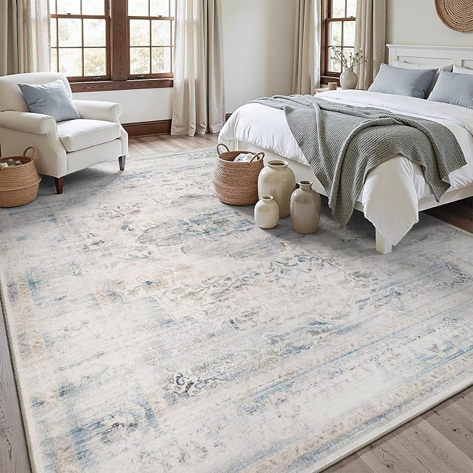 DCX 6x9 Haze Blue Rug, Machine Washable Stain Resistant Distressed Vintage Rug - Image 3