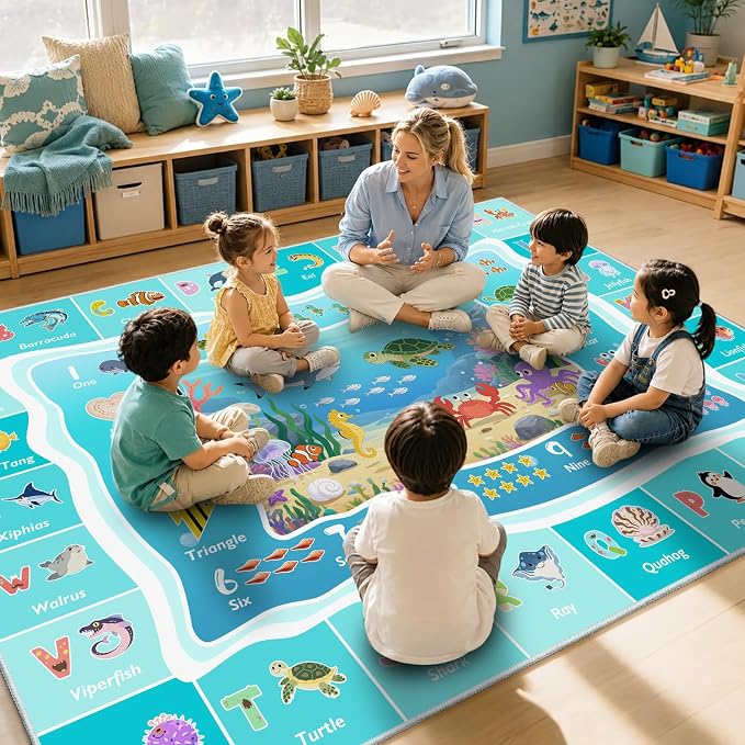 ABC Kids Ocean Rug for Playroom, 5x7 ft Alphabet Classroom Rug, Educational - Image 7