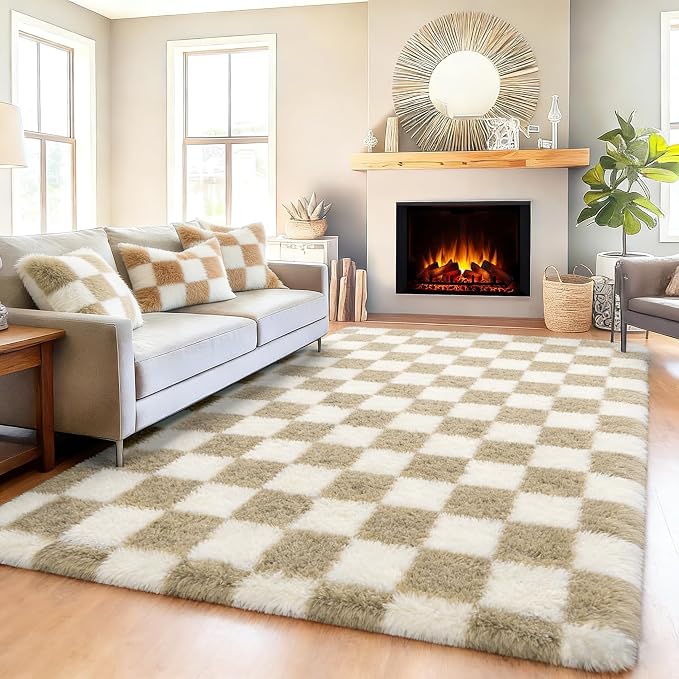 KICMOR 6x9 Rugs for Living Room Beige and Cream White, Large Big Fluffy Shag by KICMOR