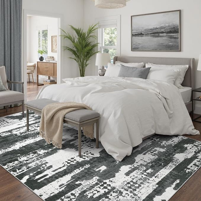 DCX Abstract Area Rug 9x12, Washable Black Modern Rug - Image 2