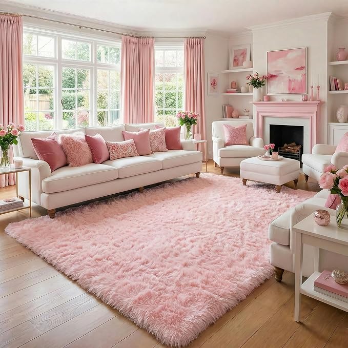 Amdrebio Pink Area Rugs for Bedroom Girls, Cute Fluffy Fuzzy Shag Rug 5x7 for - Image 5