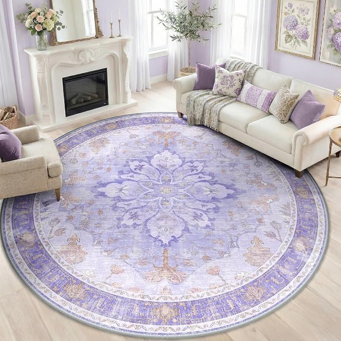 RELEANY Area Rugs Round 8ft Washable Non-Slip, Floral Vintage Distress by RELEANY