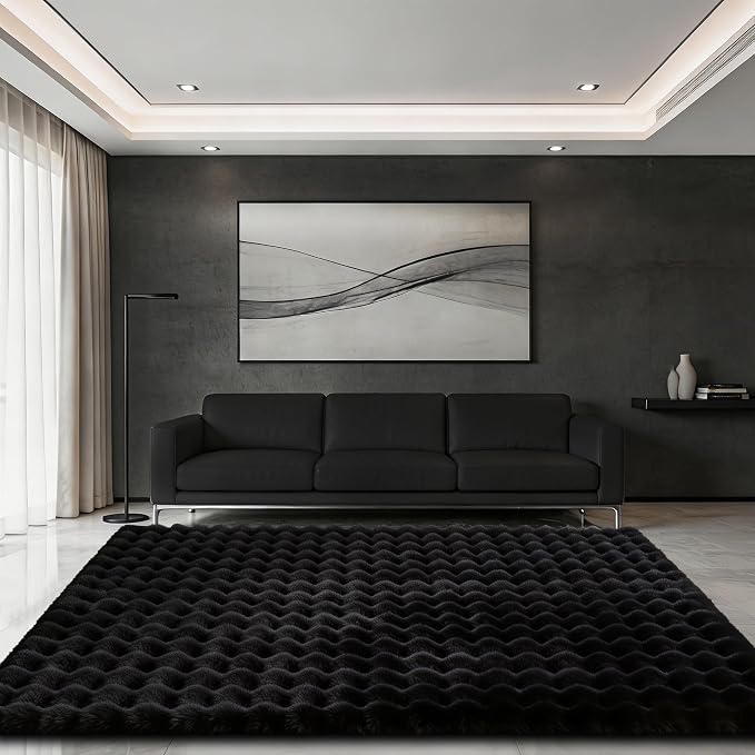 Black Rabbit Plush Rug 5'x7', Fluffy Shaggy Area Rug - Image 3