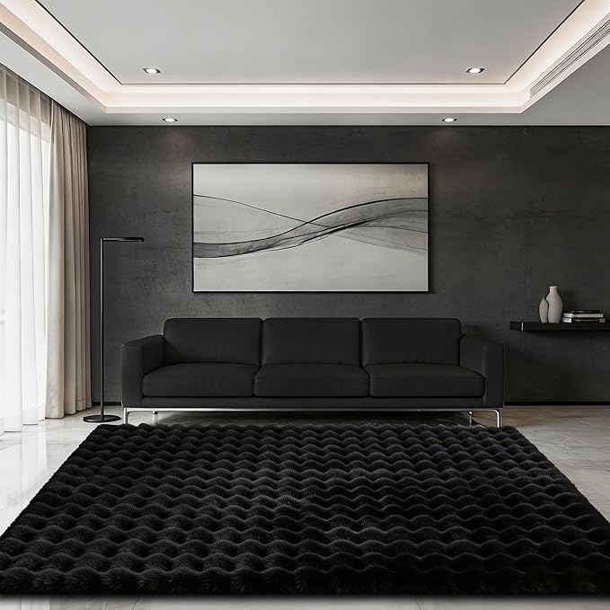 Black Rabbit Plush Rug 5'x8', Fluffy Faux Fur Shaggy Area Rug - Image 3