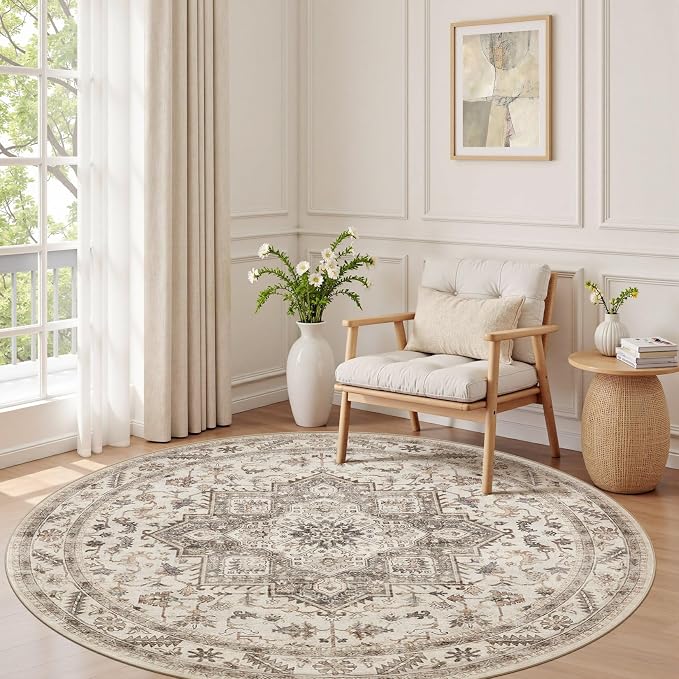 6ft Round Vintage Living Room Area Rug by COTILED