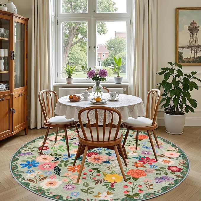 Round Area Rug for Living Room: 4 ft Floral Washable Circle Rug Soft Boho - Image 4