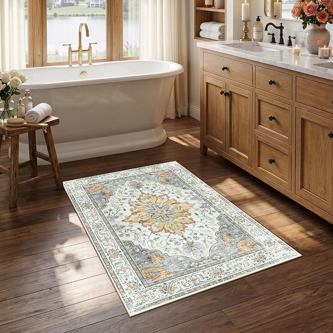 RELEANY Area Rugs Small 2'6"x4' Washable Non-Slip, Floral Vintage Distress by RELEANY
