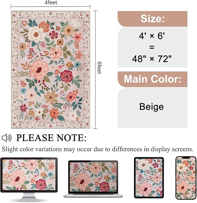 DUKINO 4x6 Feet Office Chair Mat, Lightweight Non Slip Washable Floral Area Rug - Image 2