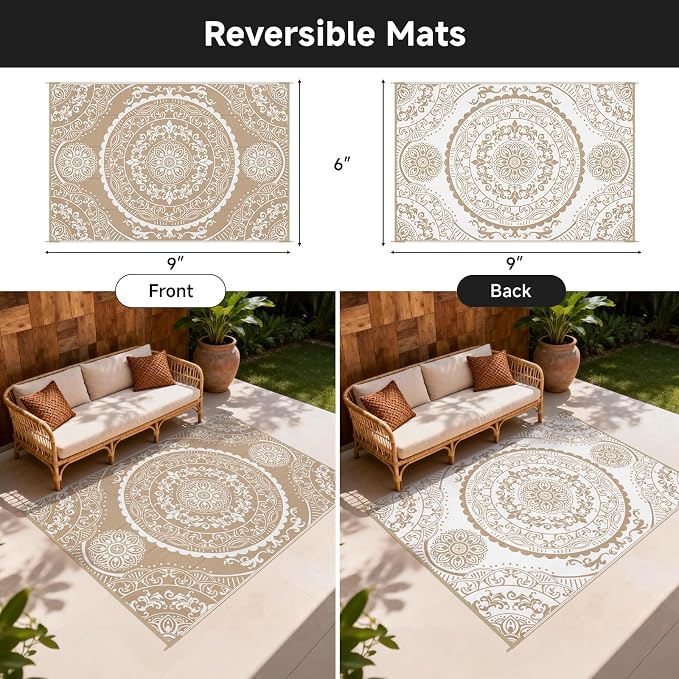 Pauwer Waterproof Outdoor Rug 6x9, Reversible Plastic Straw Patio Camping Rug - Image 2