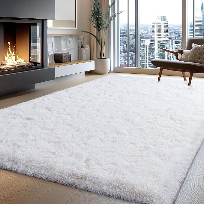 White Rugs for Living Room, Large Area Rug 6x9 Fluffy Shag Rug for Bedroom by WISHTREE