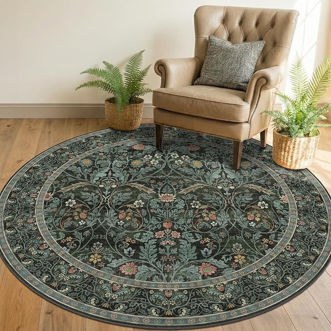 Dark Green 6ft Round Rugs for Living Room, Botanical Floral Washable Circle - Image 6