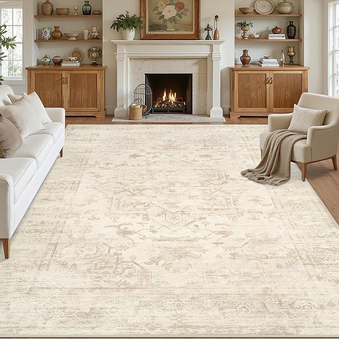10x14 Area Rug for Living Room: Vintage Boho Neutral Washable Rug Indoor Soft by Luxturiy