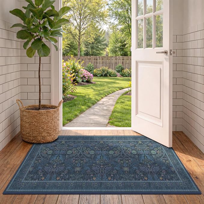Washable 2x4 Entryway Rugs, Oriental Floral Small Blue Kitchen Rugs, Thin - Image 8