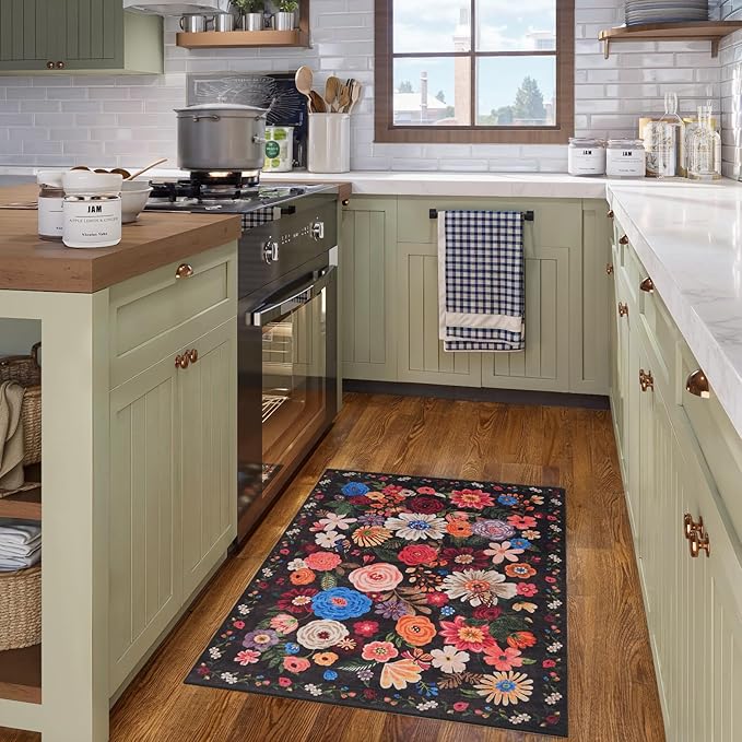 Espresso Floral Rug for Entryway, 2x3 Washable Kitchen Mat Ultra-Thin Soft - Image 3