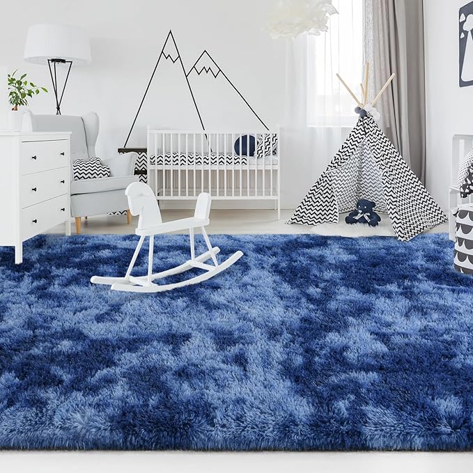FlyDOIT Large Area Rugs for Living Room, 5x8 Feet Tie-Dyed Navy Blue Shaggy Rug - Image 4