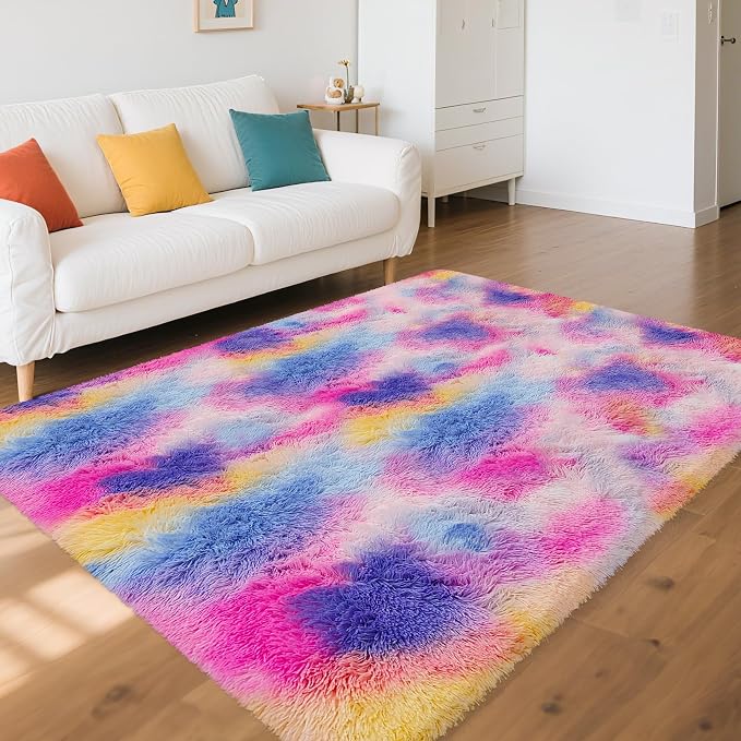 Rainbow Area Rugs 4x6 ft, Tie-Dyed Unicorn Fluffy Fuzzy Shaggy Carpet Soft - Image 2