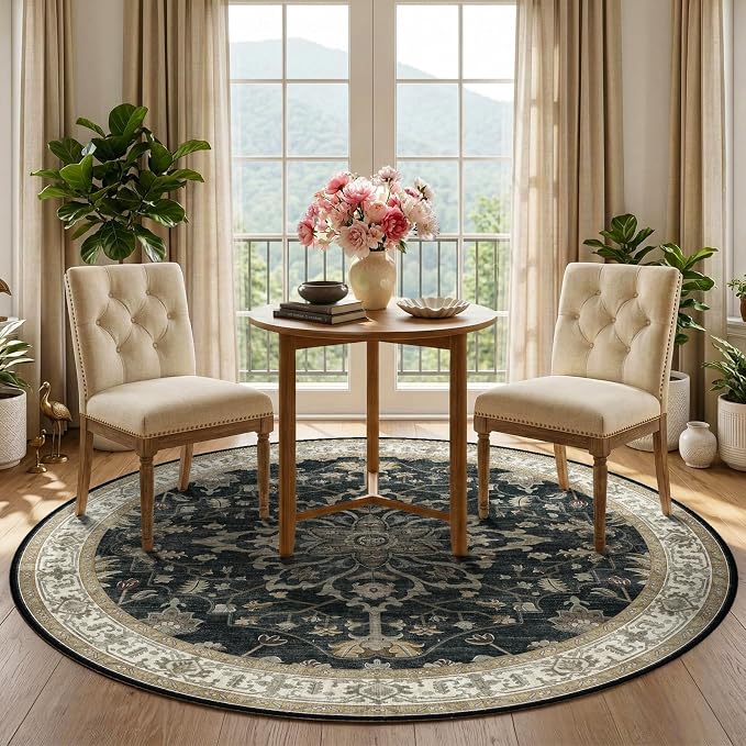 RELEANY Area Rugs Round 5ft Washable Non-Slip, Floral Vintage Distress - Image 2